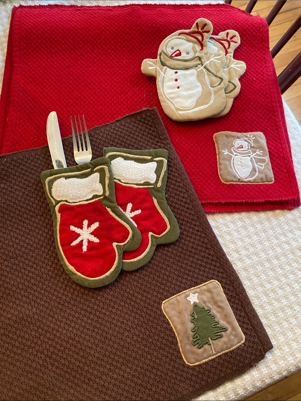 Holiday Snowman & Mitten Kitchen Towel Set - Red, Brown, Green